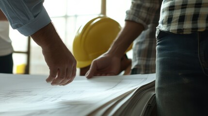 A construction manager reviewing architectural plans with workers. Featuring leadership and organization