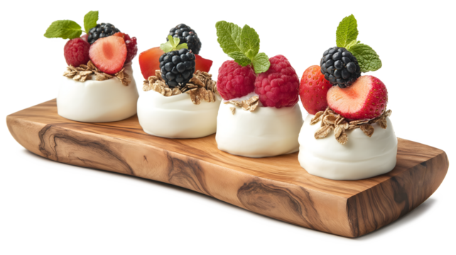 A wooden tray with four small desserts on it, each with a different fruit topping. The desserts are arranged in a way that makes them look like they are ready to be eaten