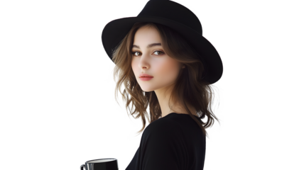 A woman wearing a black hat and a black shirt is holding a cup. The concept of elegance and sophistication, as the woman is dressed in a stylish outfit and is posing for the camera