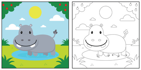 cute cartoon hippopotamus, funny illustration, coloring book for kids and children.