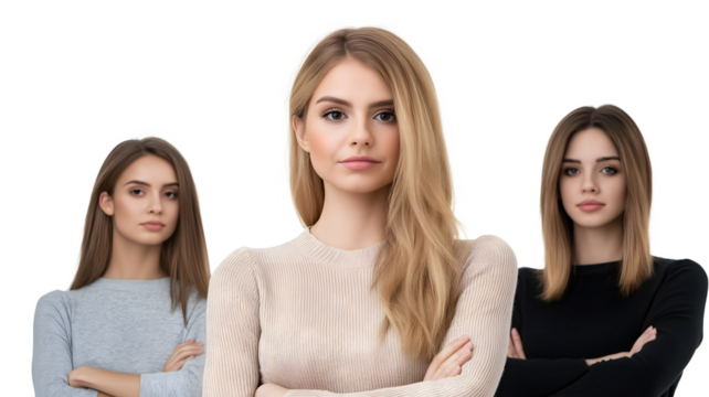 Three women are standing together, one of them wearing a white shirt. They are all looking straight ahead and have their arms crossed. The concept of confidence and unity among the women