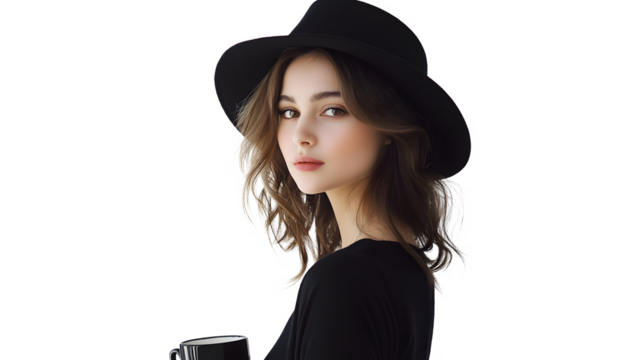 A woman wearing a black hat and a black shirt is holding a cup. The concept of elegance and sophistication, as the woman is dressed in a stylish outfit and is posing for the camera