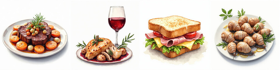 Obraz premium Watercolor French Cuisine Illustration: Boeuf Bourguignon, Coq au Vin, Croque Monsieur, and Escargots..