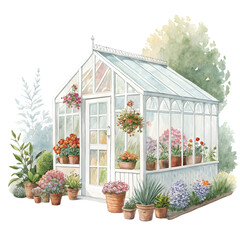 Charming White Greenhouse Watercolor Painting isolated on transparent background