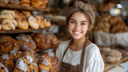 Smiling Female Baker In Apron Surrounded By Fresh Bread In Bakery Shop, Small Business Owner