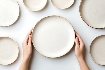 Elegant Minimalist Plates Arrangement with Hands on White Background
