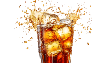 A glass of soda with ice cubes in it is splashing out of the glass. The concept of fun and excitement, as if the drink is being enjoyed in a playful manner