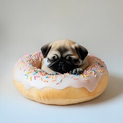 Adorable pug puppy resting in a donut-shaped pillow