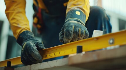 A construction worker adjusting a laser level for accurate measurements. Featuring precision and technical skill