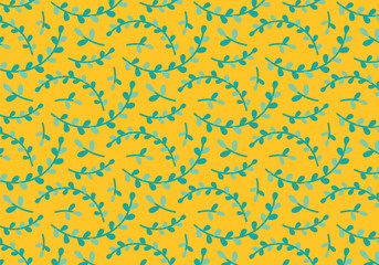 Bright seamless pattern with green leaves on a yellow background. Vector illustration for decoration and printing on packaging, printing, textiles, clothing, wallpaper, etc.