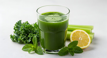 Fototapeta premium Refreshing Green Juice Blend With Celery, Lemon And Kale Still Life