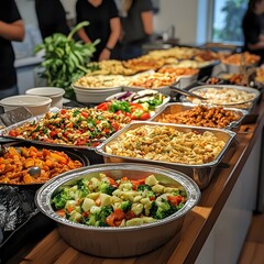 Buffet-style food spread with various dishes