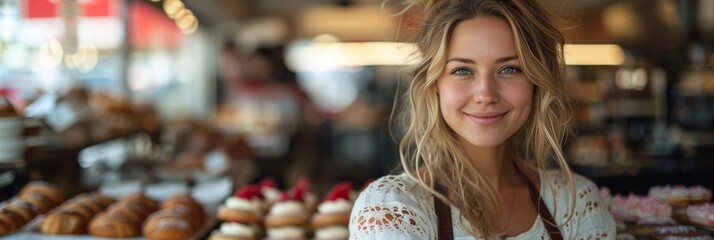 Portrait Of A Happy, Young Bakery Employee With Fresh Baked Bread And Pastries Background