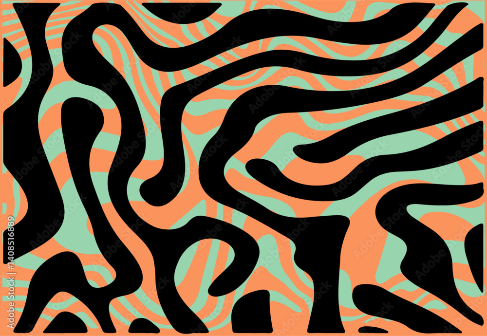 Poster vector illustration features flowing black wavy lines over an orange and teal background, forming an