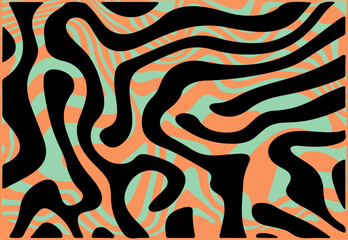 Vector illustration features flowing black wavy lines over an orange and teal background, forming an abstract, dynamic, and vibrant pattern with a swirling and optical illusion effect.