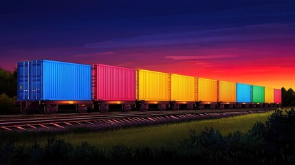 Obraz premium Colorful freight train cars illuminated at sunset.