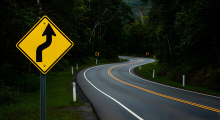 Winding Road Ahead Signage Along a Forested Route for Safe Driving