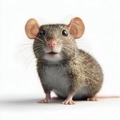 An adorable brown house mouse sits and looks directly at the camera on a white background in a charming studio shot.