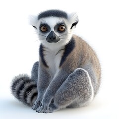 Fototapeta premium A charming -tailed lemur sits calmly on a white background posing for a studio portrait showcasing its adorable features and unique markings.