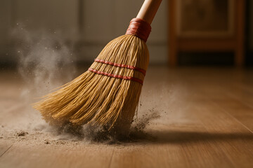 A broom is shown with a lot of dust on it. The broom is on a wooden floor