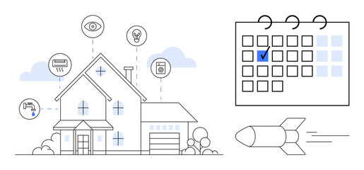 Modern house connected to smart home systems, calendar with a marked date, and fast-moving rocket. Ideal for technology, scheduling, innovation, speed, connectivity, modernization flat simple