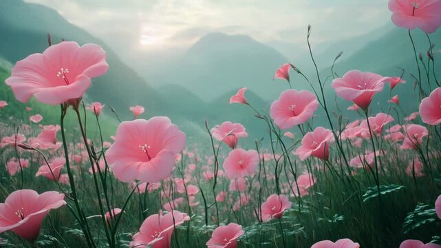 Campo de flores rosadas en hermoso paisaje monta&ntilde;oso con niebla al amanecer.
