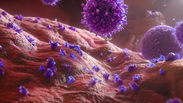 Visualizaci&oacute;n 3D de virus y bacterias a nivel microsc&oacute;pico color morado con ambiente color rosa.
