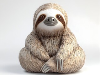 Fototapeta premium An adorable three-toed sloth sits peacefully in a relaxed yoga pose against a bright white background.