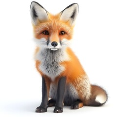 An adorable 3D rendered red fox sits calmly against a pure white background showcasing its vibrant fur and endea expression.