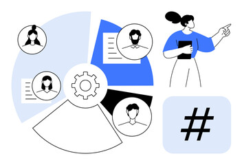 Highlighting teamwork with profiles, pie chart, notes, gear, and metadata tag. Ideal for collaboration, strategy, analytics, networking organization technology and a simple landing page