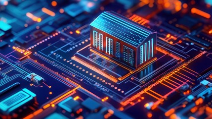 Obraz premium The concept of online banking, represented through a virtual bank displayed on a circuit board, symbolizing the future of finance and technology.