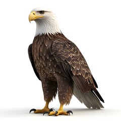 Naklejka premium A majestic bald eagle stands proudly on a white background showcasing its detailed feathers and powerful stance.