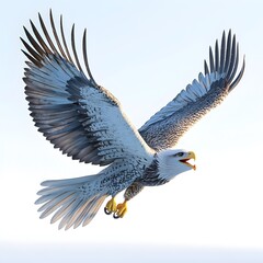 Obraz premium A majestic bald eagle soars gracefully through the sky its wings spread wide in powerful flight against a bright sky.
