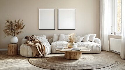 Cozy and Modern Living Room with Neutral Tones and Natural Decor