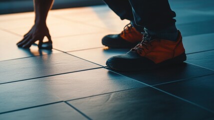 A construction worker aligning a floor tile with precision. Featuring craftsmanship and detail
