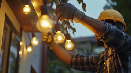 Hispanic electrician installing outdoor lighting. Featuring electrical work and outdoor design