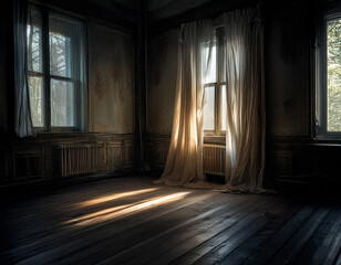 Fototapeta premium Soft Light Through Curtains in Abandoned Room with Wooden Floor 