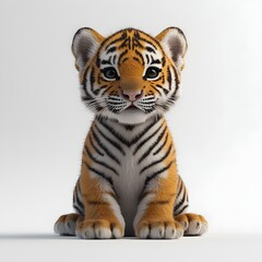 Fototapeta premium An adorable baby tiger cub sits patiently on a white background posing for a charming wildlife portrait photograph.