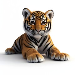 Obraz premium An adorable tiger cub lies down on a white background showcasing its intricate stripes and fluffy fur in a charming pose.