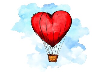 Fototapeta premium Heart-Shaped Hot Air Balloon Floating in Blue Sky with Clouds