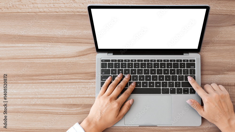 Poster Searching Information. High angle view of manager using computer with blank screen, touching buttons