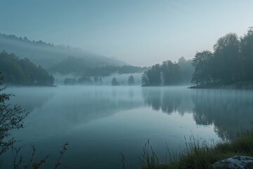 Fototapeta premium Misty Morning at Lacu Rosu Lake: Foggy Sunrise in Romania's Scenic Landscape