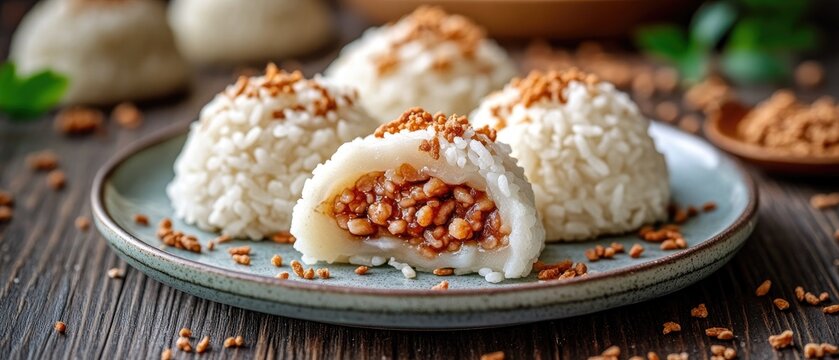 Stuffed rice balls topped with coconut flakes.