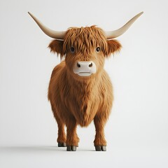 A charming Highland cow with long brown fur and impressive horns stands against a bright white background looking directly at the camera.