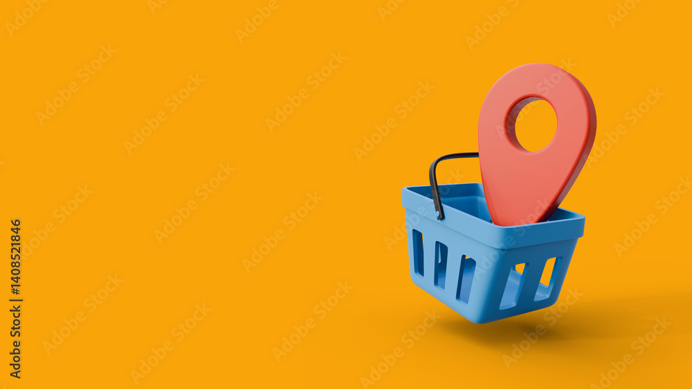 Aufkleber map pointer with shopping basket on yellow background. a marketplace and online shop location elemen