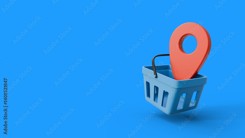 Poster map pointer with shopping basket on blue background. a marketplace and online shop location element.