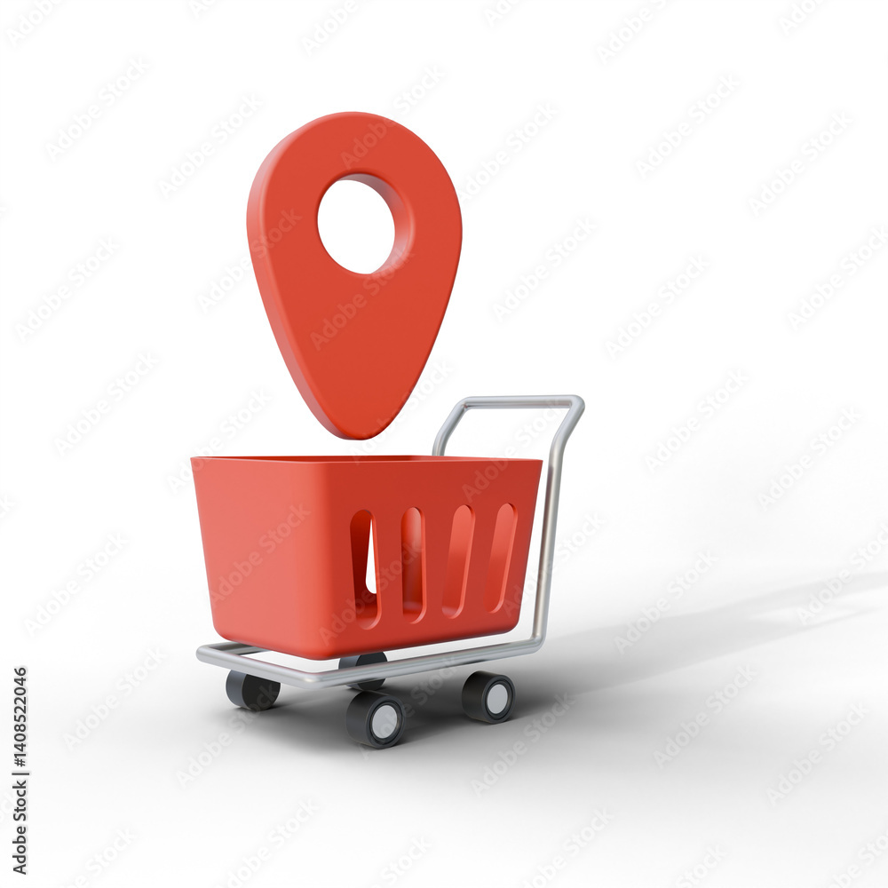 Poster map pointer with shopping cart on isolated background. a marketplace and online shop location elemen