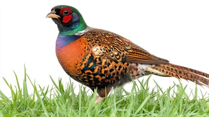 Colorful pheasant standing in a grassy field.