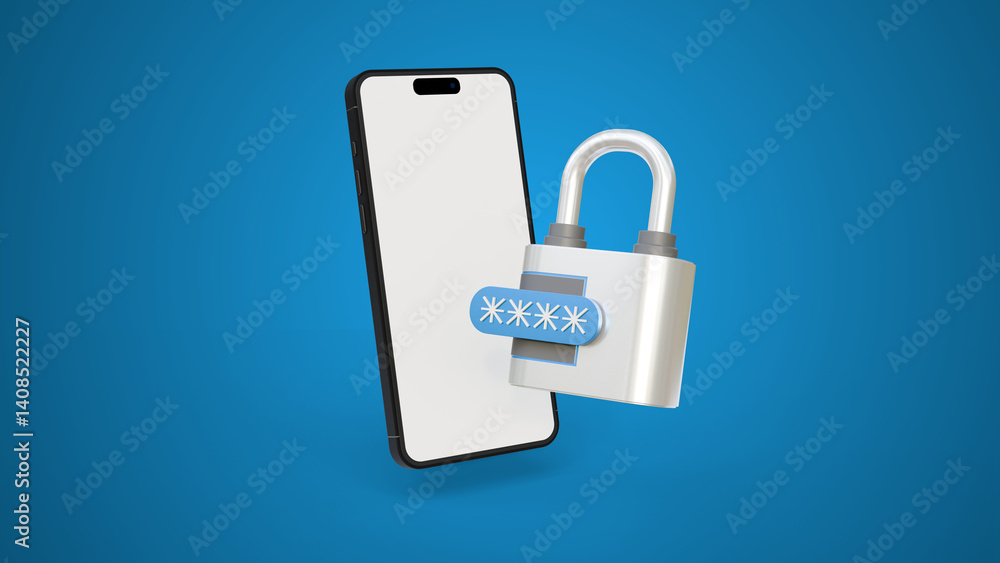 Poster secure access to phone concept on blue background. blank screen smartphone with padlock and password