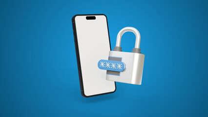 Secure access to phone concept on blue background. Blank screen smartphone with padlock and password. Secure internet connection, vpn, encryption, anti virus. Mobile security concept mock up.